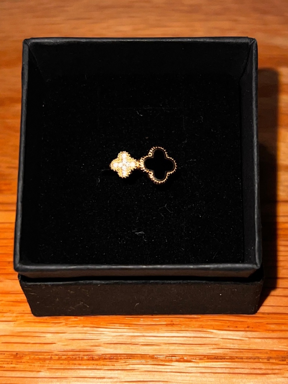 14k Gold Black Enamel and CZ Clover Duo Ring
